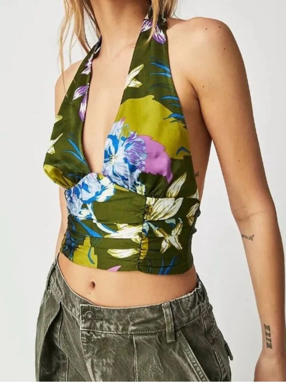 Free People Olive Green Floral Halter Crop Top